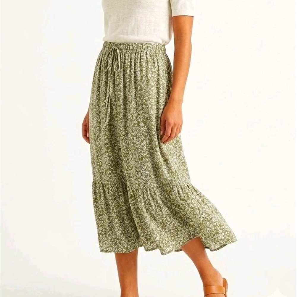 SHEIN Green White Floral A-Line Long Skirt Ruffle Elastic Waist Pull On 3XL